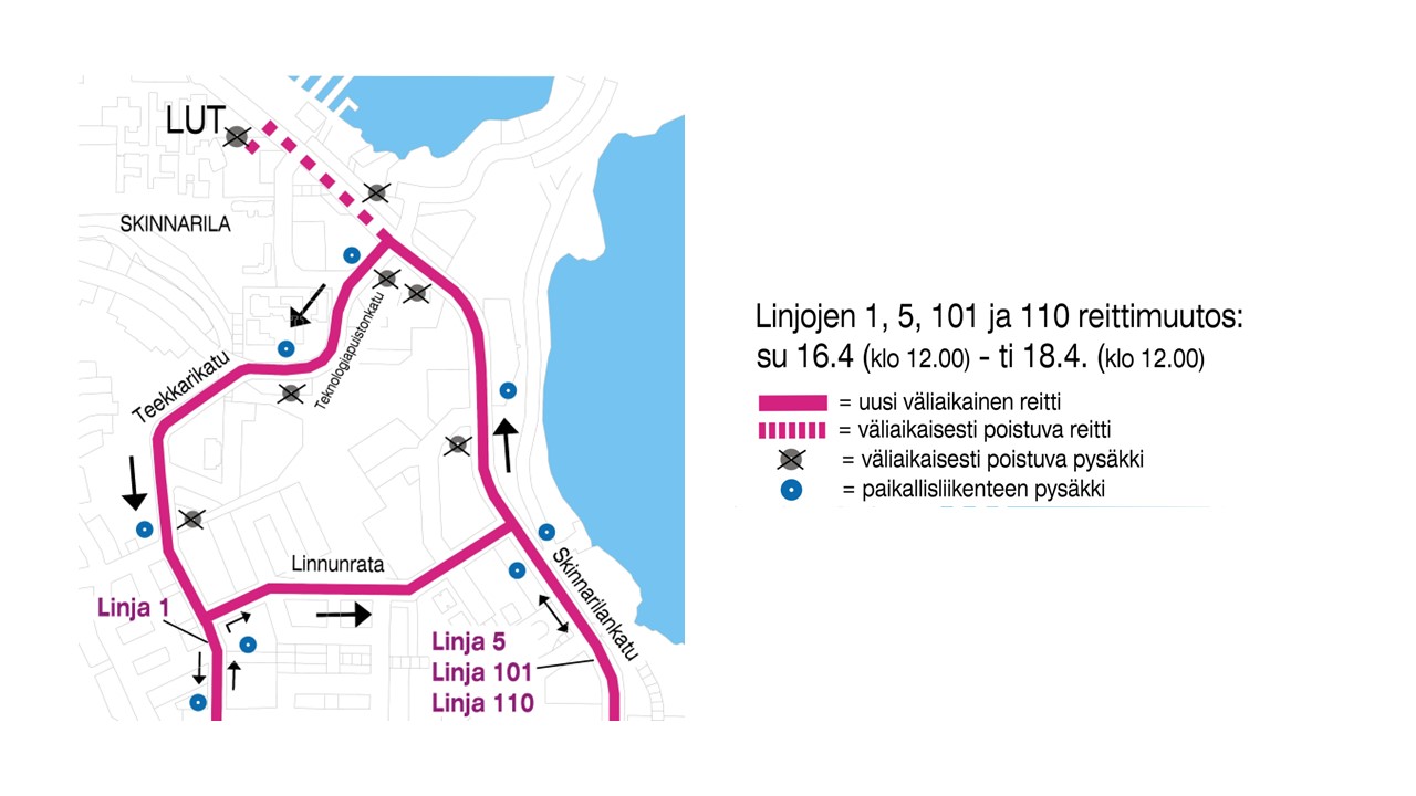 Kartta yliopiston alueelta,  Lappeenrannan paikallisliikenteen linjojen 1, 5, 101 ja 110 poikkeusreitit merkittynä.